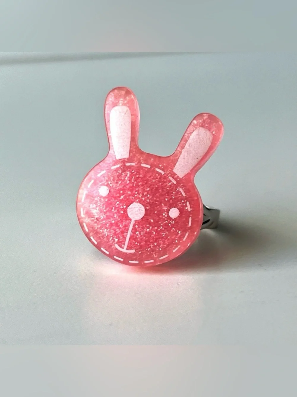 Pink Bunny Kids Ring - Cute Glitter Animal Adjustable Ring